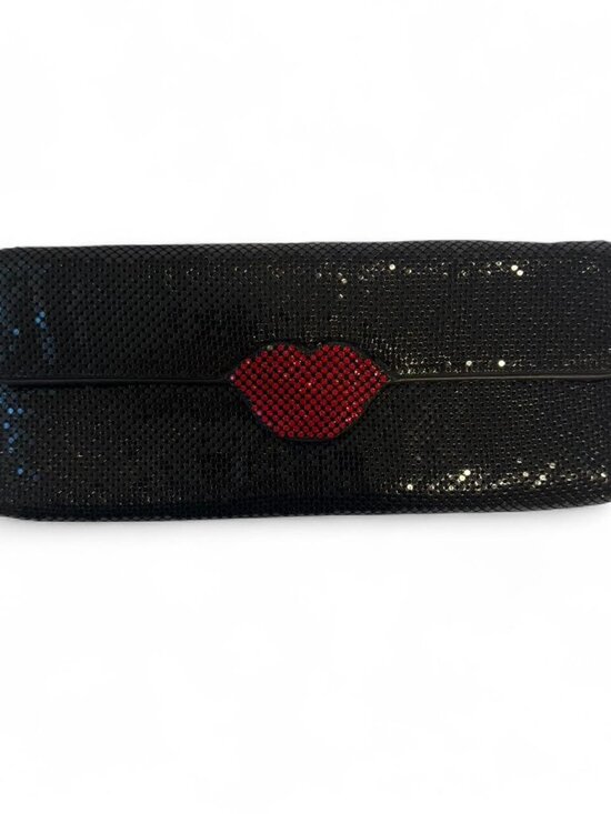 Cache Handbags - Black sequin/chainmail clutch with red lips